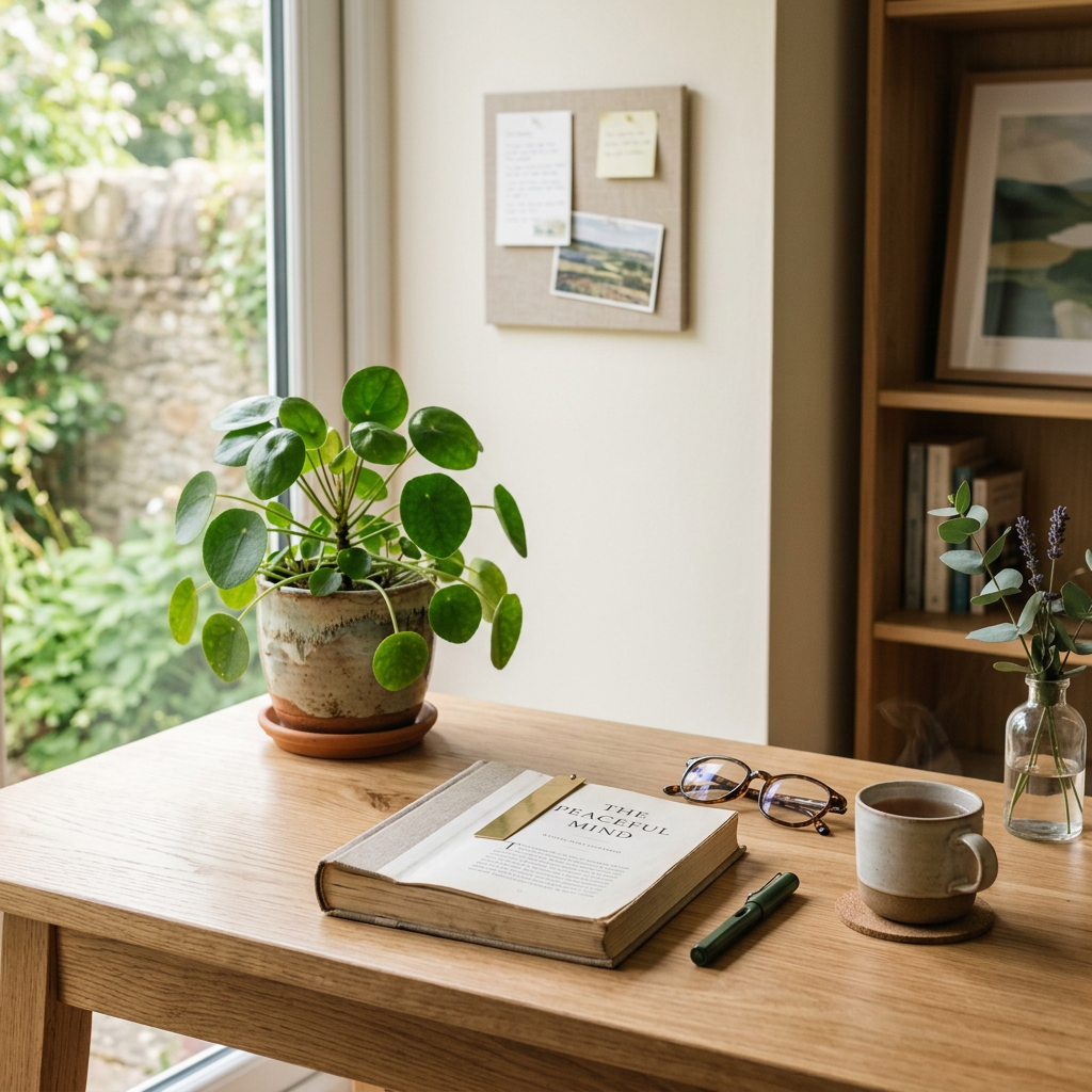 Book titled 'The Peaceful Mind' on wooden table with plant, cup of tea, pen, and glasses